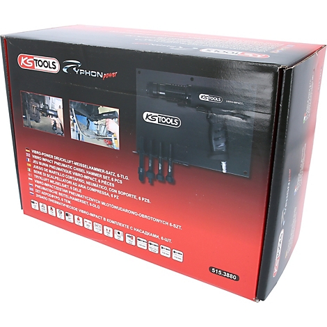 Auf dem schwarzen Karton ist ein Werkzeugset abgebildet. Im Zentrum ist ein schwarzes Werkzeug mit Zubehör zu sehen. Der Karton trägt den Schriftzug 'KS TOOLS'.